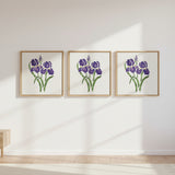 Stylized illustration of purple flowers with green stems on a white background
