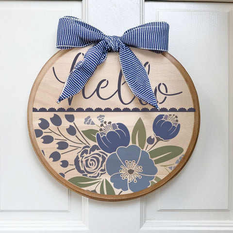 Wooden  Round Sign for the front door painted with the Watercolor Floral Hello Round Sign Stencil