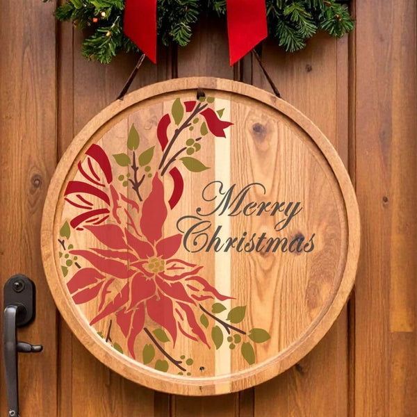 Decorative Merry Christmas round sign stencil featuring red flowers, ideal for festive home décor and craft shows.