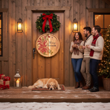 Two people and a dog standing in front of a wooden door with a wreath, surrounded by Christmas decorations.
