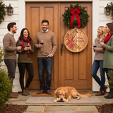 Group of people standing outside a house with a dog, enjoying wine and Christmas decorations.