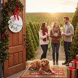 People and a dog standing outside a door with Christmas decorations, including a 'Season's Greetings' sign.