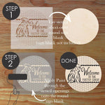 Step-by-step guide for using the Fuster Cluck decorative stencil for custom round signs.