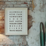 Austin Subway Art Poster Stencil painted onto a blank canvas and framed in an urban rustic living room