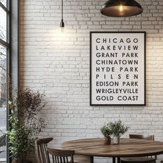 Chicago Subway Art Poster Stencil applied to a wall poster hanging on a wall in an urban kitchen area.