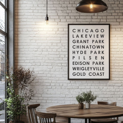 Chicago Subway Art Poster Stencil applied to a wall poster hanging on a wall in an urban kitchen area.