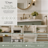 Advertisement for Designer Stencils Verona Tile Border Wall Stencil with application examples in a bathroom.