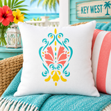 Stencil Design painted onto a Pillow in vibrant outdoor Patio. Pillow Stencils