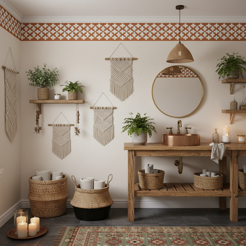 Bathroom with wooden vanity, plants, and decorative elements
