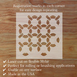 Laser-cut stencil with geometric pattern on a wooden surface, featuring text about its features.
