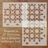 Decorative wall stencil with geometric pattern on a wooden surface
