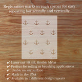 Reusable, Nautical Anchor Stencil on a wooden surface with highlights and key features listed.