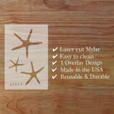 Laser cut Mylar with starfish design on a wooden surface, featuring text about product features.
