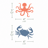 Illustrations of an octopus and a crab with measurements on a white background