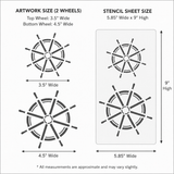 Measurement chart for artwork size of two wheels and stencil sheet size on a white background.
