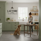Woman and dog in a kitchen with a 'Laundry' wall decal.