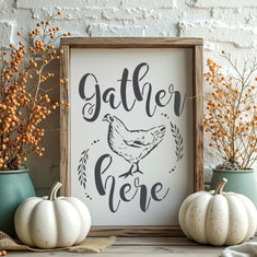 Decorative sign with 'Gather Here' text and a chicken illustration, surrounded by pumpkins and berries.