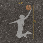 Silhouette of a basketball player with a ball on an asphalt surface, showing dimensions.