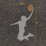 Silhouette of a basketball player with a ball on an asphalt surface, showing dimensions.