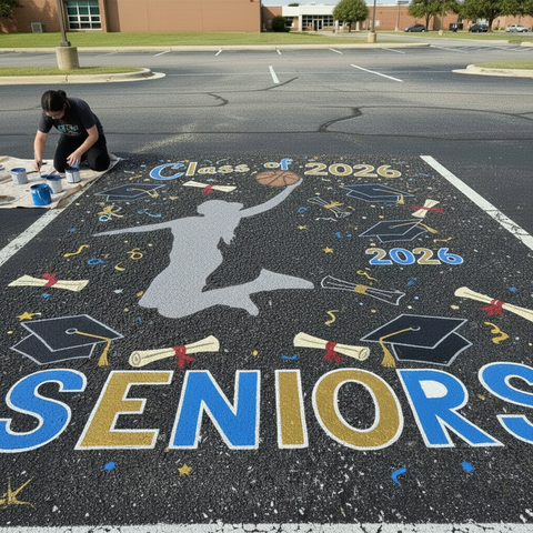 Person painting a graduation-themed design on a school parking lot with 'Class of 2026 Seniors' text.