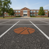 Basketball court with a large basketball graphic in front of a school building