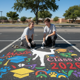 Two students painting a colorful 'Class of 2020' design on a pavement.