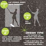 Instructions for using the women's golf player silhouette parking space stencil to paint on pavement.