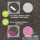 Instructions for creating a volleyball-themed design on pavement using a parking space stencil.