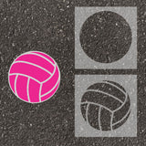 Volleyball stenciled on pavement with matching 2 overlay stencil.