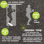 Instructions for creating a football-themed design on pavement using a parking space stencil.