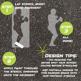 Instructions for creating a football-themed design on pavement using a parking space stencil.