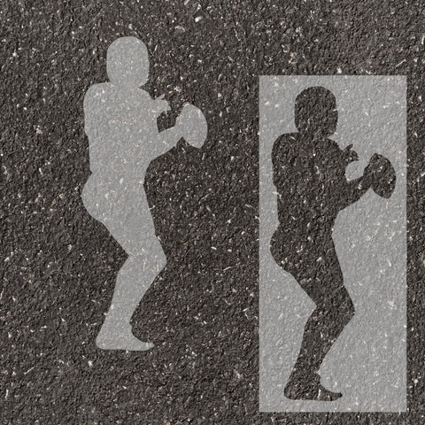 Football quarterback silhouette stenciled on pavement with matching stencil.