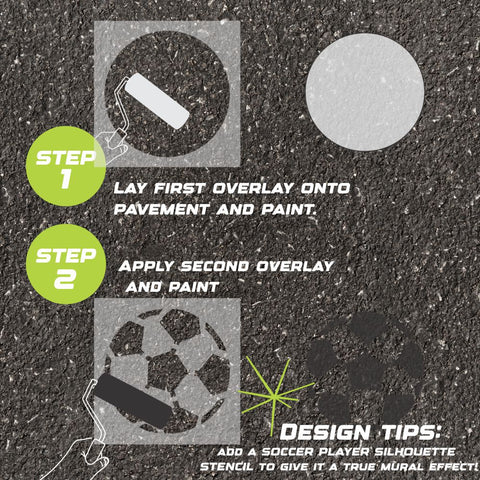 Instructions for creating a soccer-themed design on pavement using a parking space stencil.