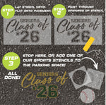 Instructions for using a 'Seniors Class of '26' stencil to paint on pavement.