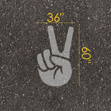 Peace parking space stencil with measurements on pavement.