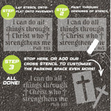 Instructions for using the Philippians Bible Verse parking space stencil on pavement with step-by-step guidance.