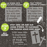 Instructions for using the Matthew Bible Verse parking space stencil on pavement with step-by-step guidance.
