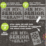 Instructions for using a 'In My Senior Era' parking space stencil on pavement with step-by-step guidance.