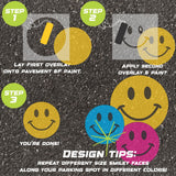 Instructions for using the Smile Face parking space stencil on pavement with step-by-step guidance. 
