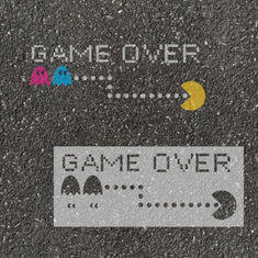 Pixelated 'Game Over' screen with Pac-Man characters on an asphalt surface