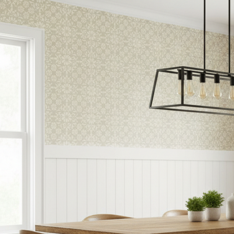 Modern interior with floral stenciled wallpaper, a chandelier, and a wooden table.