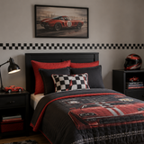 Checker border stencil applied to a wall in a racing theme bedroom
