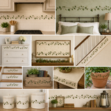 Collage of home decor items with green leaf patterns in various settings.