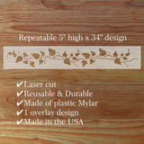 Decorative stencil with leaf pattern on a wooden surface, featuring text about its features.