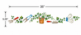 Gardening tools and plants with measurements on a white background