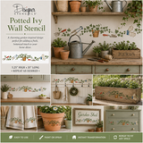 Collage of potted ivy wall stencils with gardening-themed decor elements.