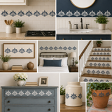 Collage of interior design elements with decorative patterns on walls, furniture, and decor items.