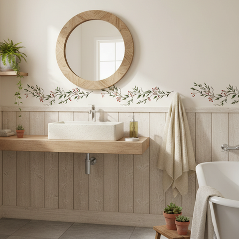 Bathroom with wooden vanity, round mirror, and decorative wall stencil.