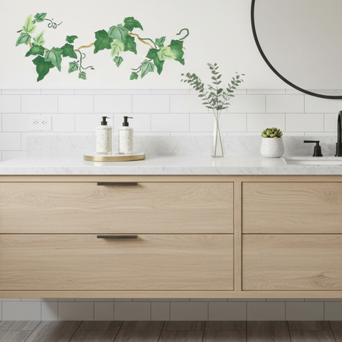 Bathroom vanity with wooden cabinets, sink, and decorative elements against a white tiled wall.