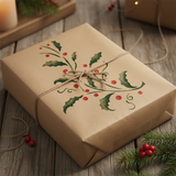 Gift box wrapped in brown paper with holly design on a wooden surface.
